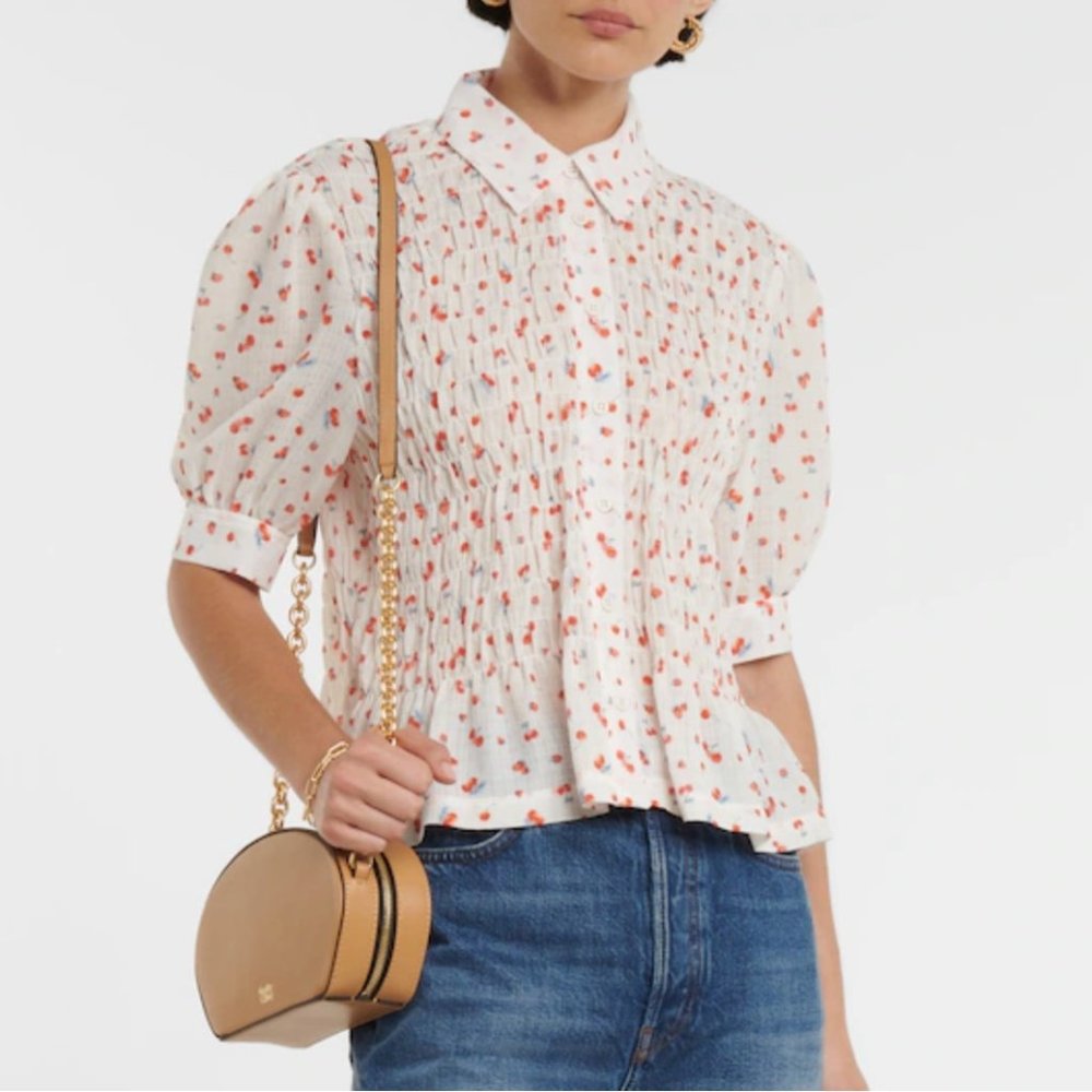 $ SEE BY CHLOE Floral Blouse White Cherry Pattern Fruit Print Ruched Puff Sleeve